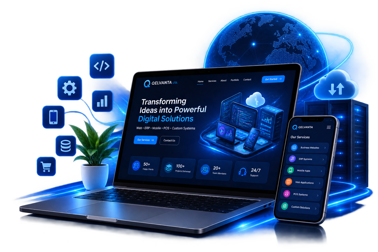 Laptop and phone displaying Qelvanta digital solutions